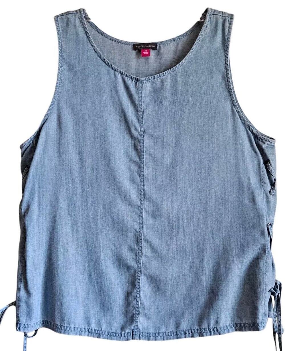 VINCE CAMUTO Women M Jean Top Chambray Blue Sleeveless Side Lace Up 100% Tencel